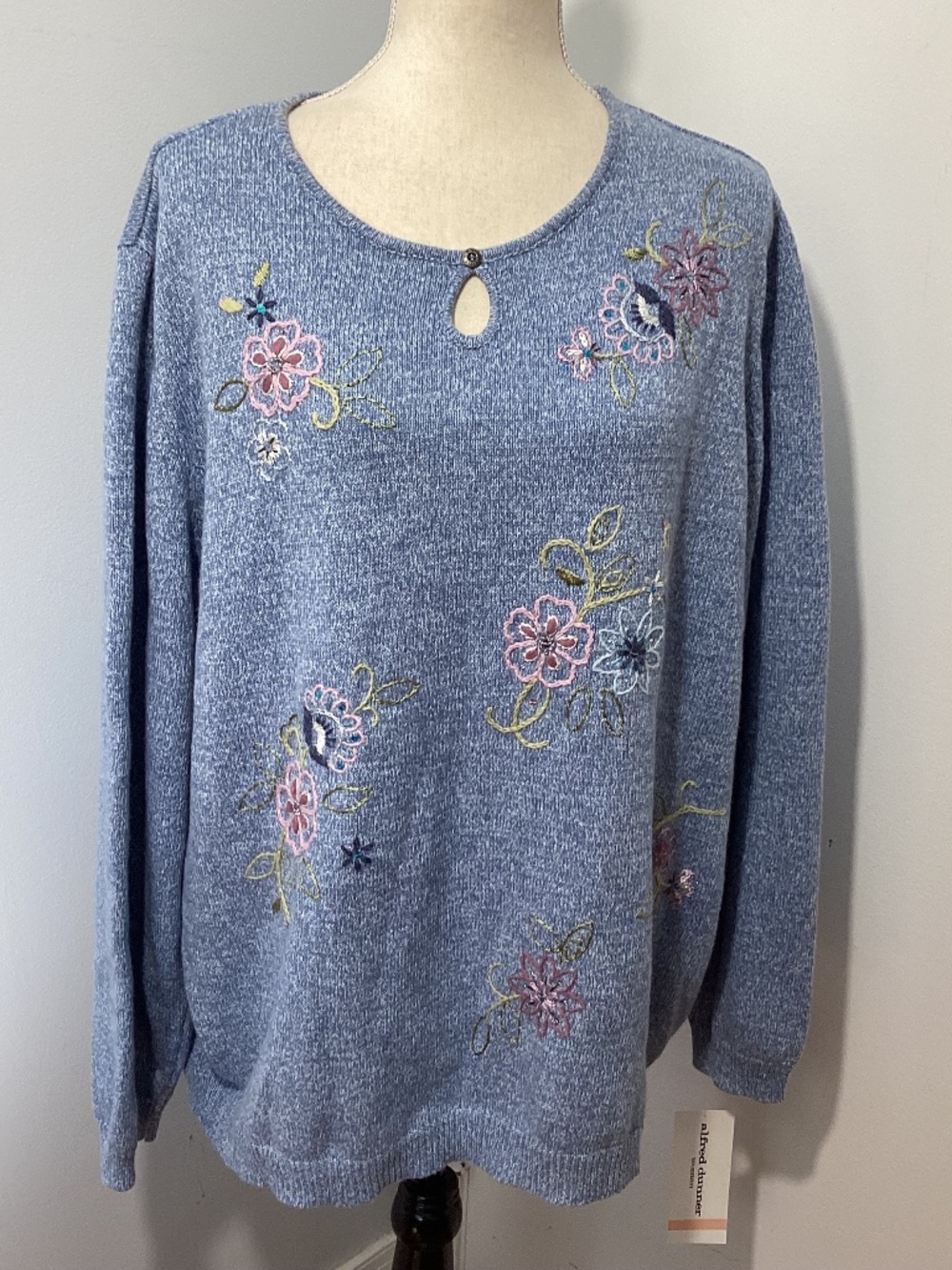 NWT ALFRED DUNNER 2X SWEATER RHAPSODY IN BLUE FLORAL EMBROIDERY BEADS FESTIVE